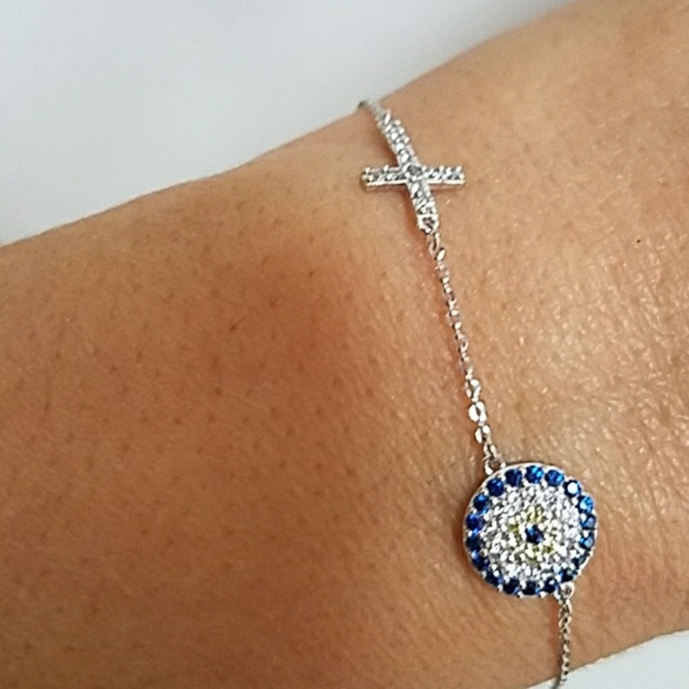 14k Solid White Gold Cross evil eye Bracelet 7" 8"